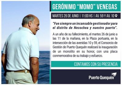 Homenaje del Consorcio de Gesti�n de Puerto Quequ�n a Ger�nimo Momo Venegas