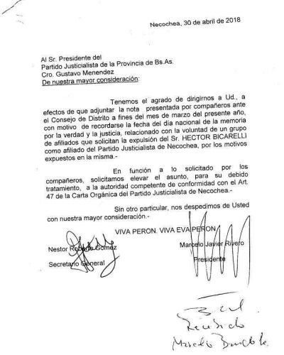 Solicitaron la expulsi�n de H�ctor Bicarelli del Partido Justicialista