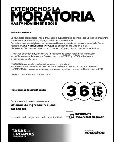 La Municipalidad de Necochea extiende la moratoria hasta noviembre de 2018