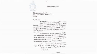 Papa env�a carta al Episcopado chileno y apoya sus decisiones para contrastar abusos