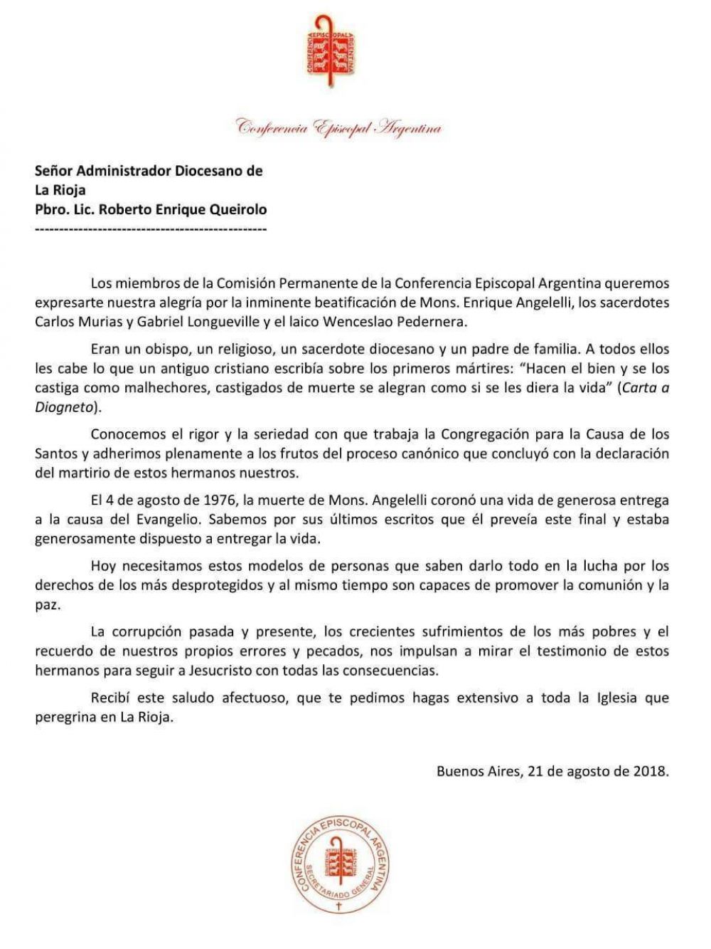 Carta al Administrador Diocesano de la Rioja
