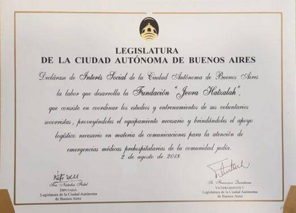 Jevra Hatzalah Argentina fue declarada de Interes Social por la Legislatura portea