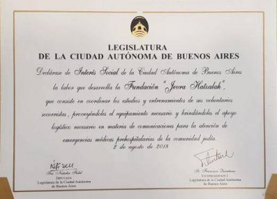Jevra Hatzalah Argentina fue declarada de Interes Social por la Legislatura porte�a