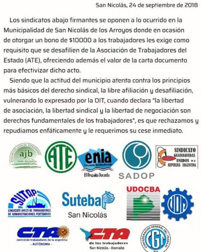 Denuncian a intendente de Cambiemos de ofrecer dinero a trabajadores para que se desafilien de ATE