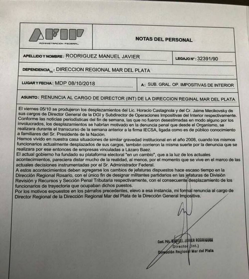 Renunci el jefe de AFIP Mar del Plata por no poder investigar a IECSA
