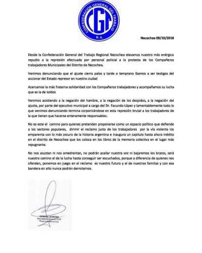 La CGT local repudia represi�n efectuada por personal policial