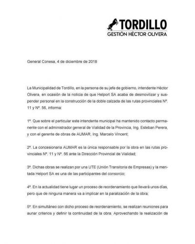 Olivera emiti� un comunicado sobre la situaci�n de las rutas provinciales