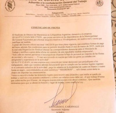 El Sindicato de Maestranza denunció a la empresa de limpieza que trabaja en el Municipio por despidos sin causa