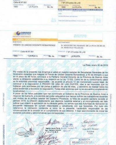 Por carta, le exigieron a Villegas que convoque en 48 horas a la paritaria docente
