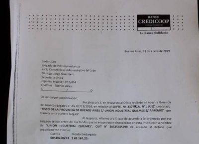 Embargan nuevas cuentas bancarias a la Uni�n Industrial de Quilmes