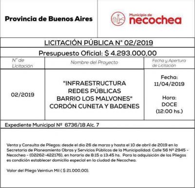 El municipio llama a licitaci�n por obras de infraestructura en el Barrio Los Malvones