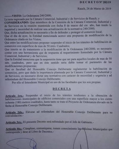 El intendente de Rauch orden� una suspensi�n temporal de habilitaciones a supermercados