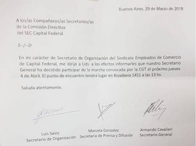 Cavalieri comunic� que moviliza y los gordos blindan la marcha