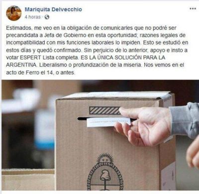 Rev�s para Jos� Luis Espert: se baj� Mariquita Delvecchio, su precandidata a jefa de Gobierno porte�o