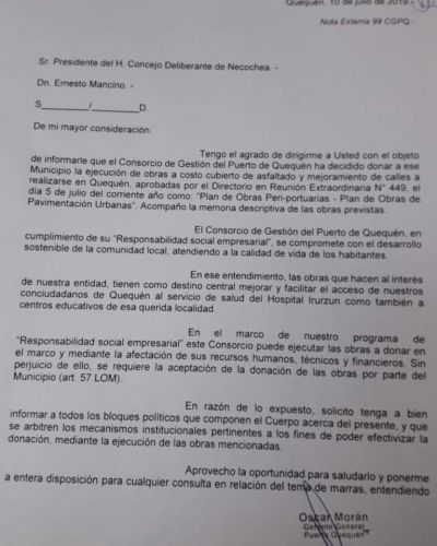 El Puerto comunic� oficialmente la donaci�n de cuadras de asfalto a la Comuna