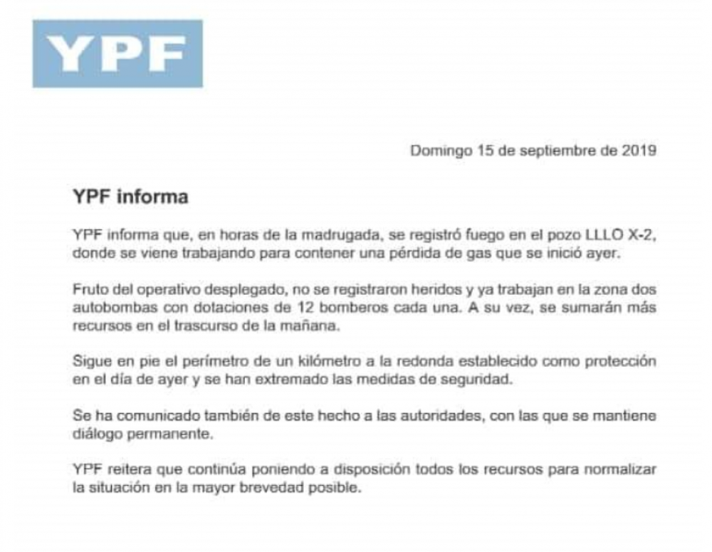 YPF no logra apagar un incendio en un pozo de Vaca Muerta