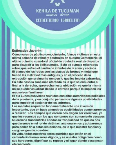 Comunicado de la Kehil� de Tucum�n por el ataque al cementerio