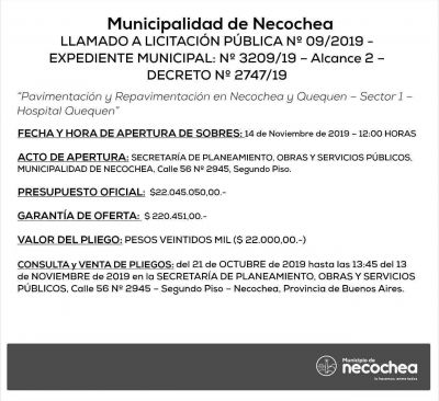 Sale a Licitaci�n P�blica la pavimentaci�n de la zona del Hospital de Quequ�n