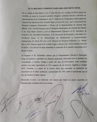 Municipales de San Mart�n acordaron un aumento del 11% a partir de noviembre