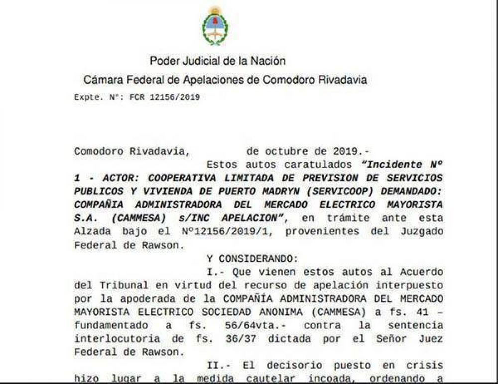 Cmara Federal confirm cautelar contra CAMMESA que beneficia a Servicoop