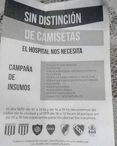 Sin distinci�n de camisetas: Pe�as futboleras organizan colecta por el hospital