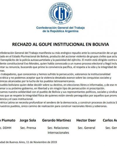 La CGT habl� de golpe institucional y se solidariz� con el pueblo boliviano