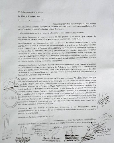 Pronunciamiento de apoyo de la CGT San Luis al gobierno de Alberto Rodr�guez Sa�
