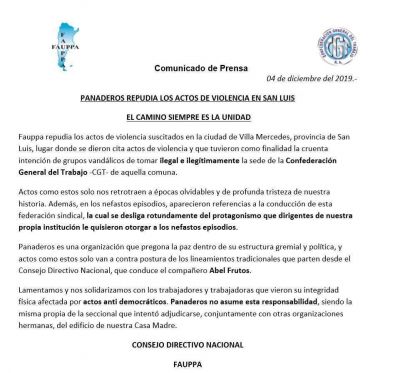 Panaderos se despeg� de la toma de la CGT San Luis y acus� 