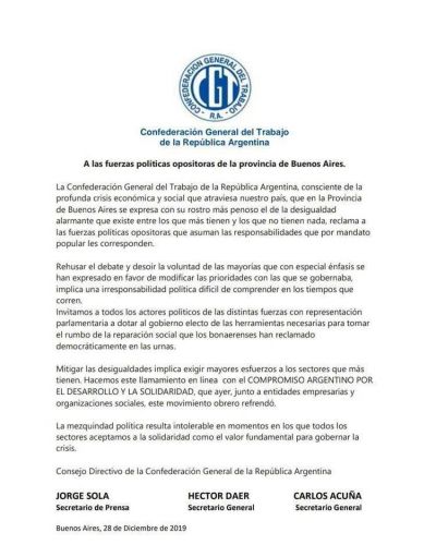 La CGT respald� a Axel Kicillof y le pidi� a la oposici�n bonaerense que apruebe la Ley Impositiva 2020