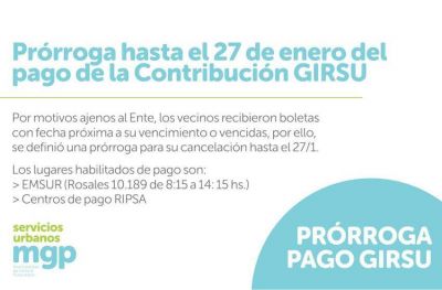 Se prorrog� hasta el 27 de enero el pago de la contribuci�n GIRSU