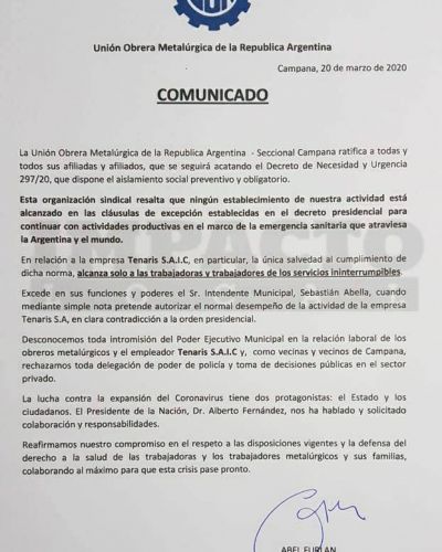 Situaci�n de trabajadores de Tenaris