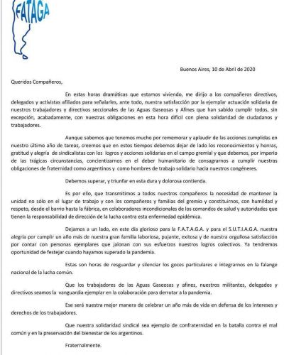LA F.A.T.A.G.A. envi� Comunicado para la Gran Familia de Trabajadores Aguas Gaseosas � 10 De Abril- D�a del Trabajadores Aguas Gaseosas