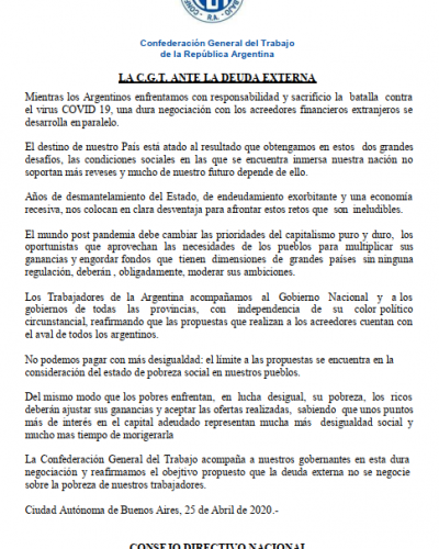 Comunicado de la CGT ante la deuda externa