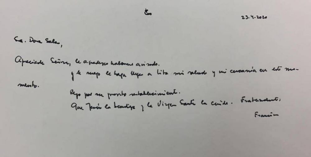 Lita Boitano recibi una carta del Papa Franciso