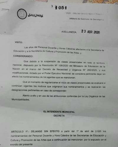 Avellaneda: acusan a Ferraresi de despedir a 27 docentes municipales