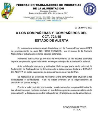La FTIA declar el estado de alerta porque la CEPA no discute salarios