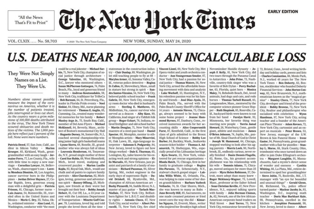 La tapa del The New York Times refleja el impacto por las 100.000 muertes en EE.UU.