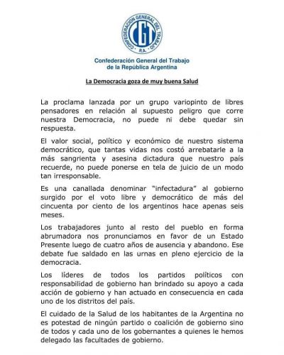 La CGT contra los que hablan de �infectadura�