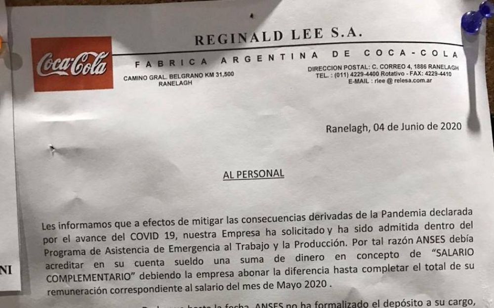 Coca Cola se incorpor al ATP y el Estado pagar una porcin de sus salarios