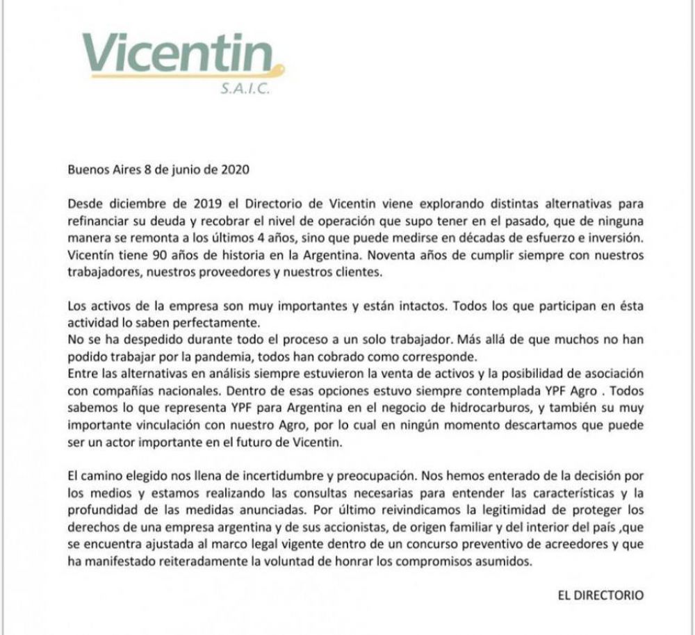 Vicentin advirti que ir a la Justicia para evitar la expropiacin