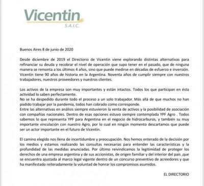 Vicentin advirti� que ir� a la Justicia para evitar la expropiaci�n