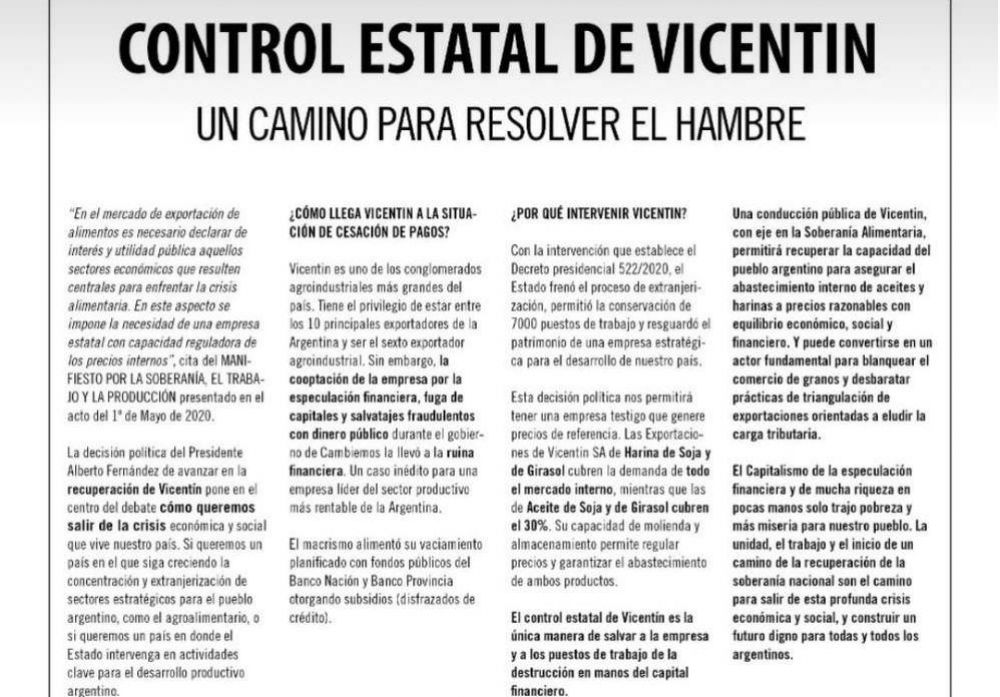 Ms de 100 organizaciones firmaron una solicitada para apoyar el control estatal de Vicentin