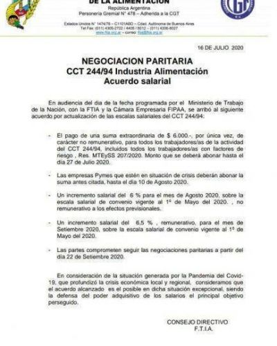 Paritarias: la FTIA cerr� un acuerdo provisorio y se retomar�n las negociaciones en septiembre