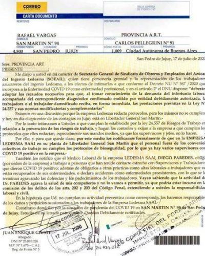 Denuncian a Ledesma por no cumplir los protocolos de prevencin de Covid-19