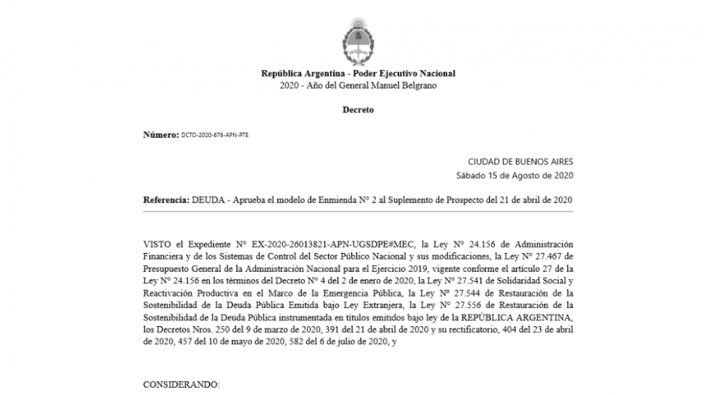 El Gobierno oficializa con un decreto la mejora a la oferta de canje y la presentar el lunes 17 de agosto ante la SEC