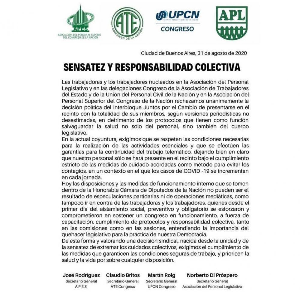 Trabajadores del Congreso rechazaron que Juntos por el Cambio sesione presencialmente con todos sus miembros