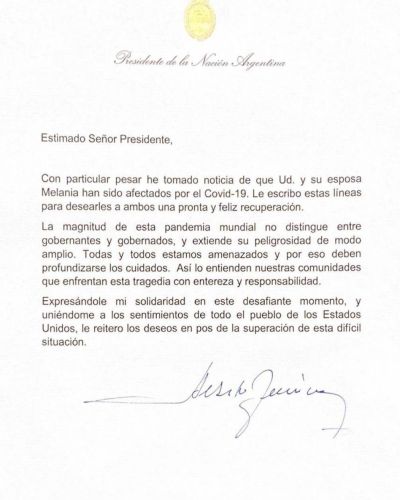 El Presidente le envi� una carta a Trump para desearle una 