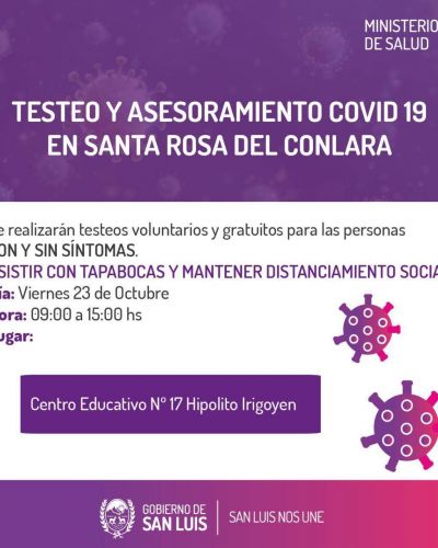 Este viernes realizar�n testeos voluntarios por COVID-19 en Santa Rosa del Conlara