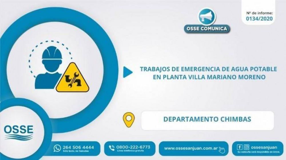 OSSE realizar trabajos de urgencia en la planta de Villa Mariano Moreno de Chimbas