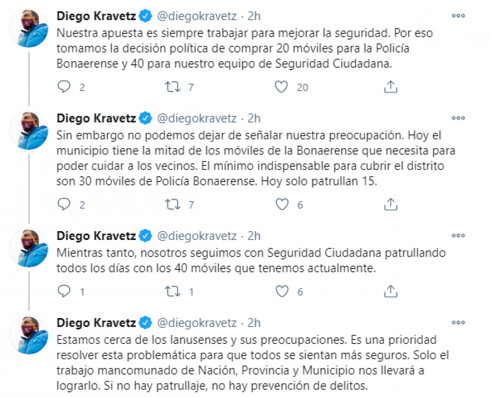 En una serie de tuits Diego Kravetz manifesto su preocupacin por la falta de patrulleros para la Polica Bonaerense en Lans
